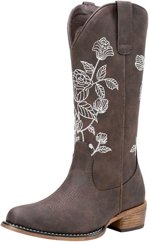 Jeossy Women's Whisky Mid Calf Cowboy Embroidery Boots Size 10,9807