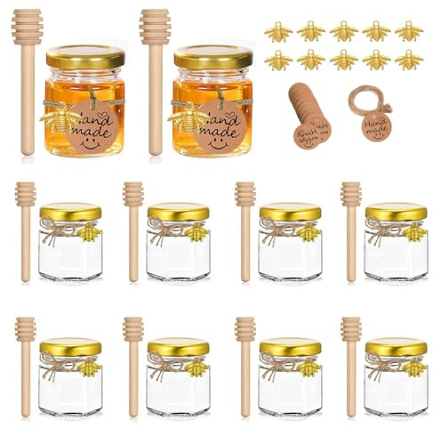 Yiyifor Mini Vasetti di Vetro, 10 Pezzi 35ml Barattoli con Mestolo in Legno,Coperchio Dorato,Ciondoli a Forma di Ape, Miele in Vetro,per Marmellata, per Spezie,