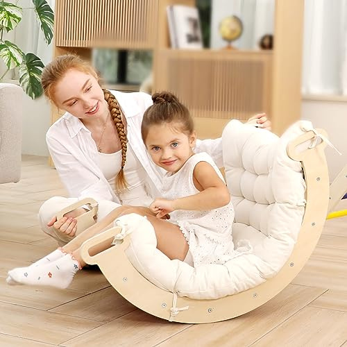 Ymonlia 2 in 1 Montessori Climbing Arch for Toddlers,Rainbow Wooden Climbing Arch Rocker& Cushion,Pillow for Arches，Climbing Triangle Ramp,Montessori Climbing Gym for Kids 0-8