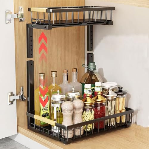 Hykiee Metal Under Sink Storage, 2 Tier Height Adjustable Kitchen Organiser with 2 Pull Out Drawers and 4 Non-Slip Pads, Spice Rack Undersink Shelf Under Cabinet Cupboard Organisation for Bathroom