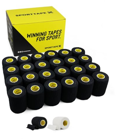 Box of 24 Rolls - SPORTTAPE EAB Tape - 7.5cm x 4.5m - Black Tearable Elastic Adhesive Bandage | Rugby Lifting, Tear Light Strapping Tape | Medical, Lifting Blocks, Knee Strapping, Elbow & Wrist