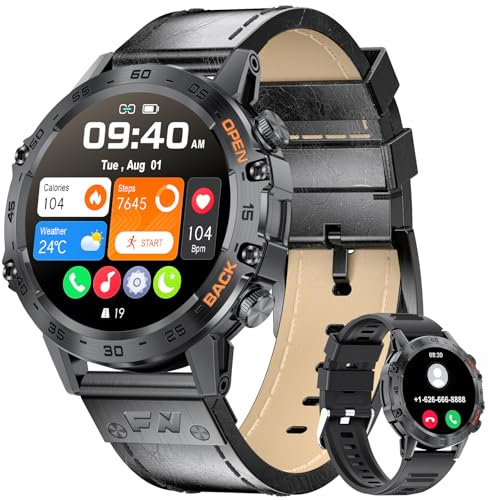 LIGE Militär Smartwatch Herren (Anruf Texte Erinnerung),1,39 Zoll Robuste Outdoor Smartwatch mit Herzfrequenz Schlafüberwachung,100+ Sportmodi Fitnessuhr Schwarzes Leder Smart Watch für Android iOS