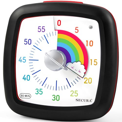 Secura 60-Minute Visual Timer, Silent Study Timer for Kids and Adults | Adjustable Volume, 3S/60S Ringtone Duration, Low Power Reminder, Time Management Tool for ADHD (Black & Cloud)