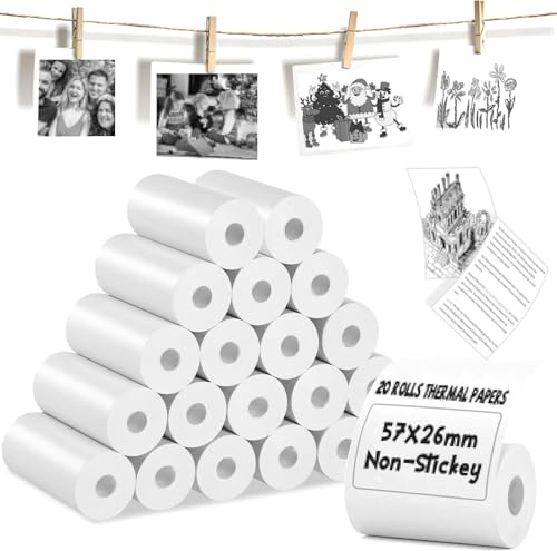 20 Rolls Thermal Paper, Thermal Labels for Most Pocket Printer, 57mm X 3.5m, Diameter 26mm, Glossy Thermal Printer Paper for Mini Portable Printer, Black Text, Suitable for Notes, List, Photos
