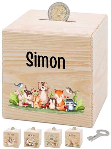 Bärenfreunde® - Personalisierte Spardose Kinder aus Holz mit Metallschloss - Spardose mit Namen mit kinderfreundlichem UV-Druck zum Sparen für Kinderträume (Tierfamilie winkt)