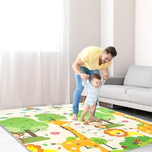 PERSEVERANCE Krabbelmatte Spielmatte Faltbar, 200x180cm Rutschfest, Wasserdichte Schaumstoff Kinderteppich, Kindermatte Doppelseitig, Ungiftige XPE Baby Matte, Krabbelmatte Baby mit Tragetasche