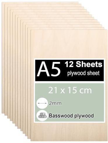 12 pezzi Compensato 2mm, Legno Compensato di Tiglio A5 21 x 15 cm, Fogli di Compensato, Fogli di Legno Sottili per Modellare, Pannelli Taglio Laser, Pirografia