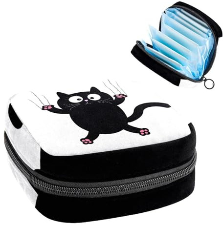 Aufbewahrungstasche für Damenbinden, Menstruationstasse, Tamponbeutel, Periodeneinlagen-Halter, Organizer für Frauen und Mädchen, Cartoon-schwarze Katze mit Kratzern