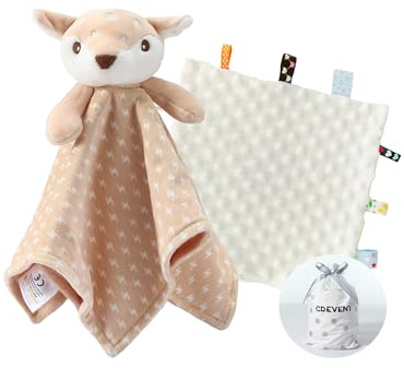 CREVENT Soft Plush Animal Face Security Blankets for Boys and Girls, Great Gifts for Birthday Baby Shower (Deer + Tag)