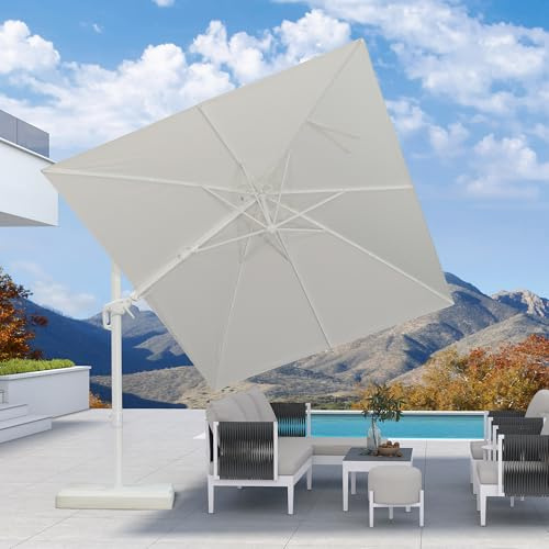 PURPLE LEAF Parasol Déporté 3 x 3 m avec Pied en Croix, Parasol de Jardin Extérieur en Aluminium Toile Anti-UV 240 g/m² avec Incliné des Deux Côtés, 5 Réglages en Hauteur et Rotation à 360°, Blanc