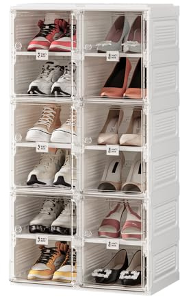 Mayi Box Transparente schuhregal,schuhboxen stapelbar weiß, mit magnetischer Tür, für Stöckelschuhe, Stiefeletten, Pumps
