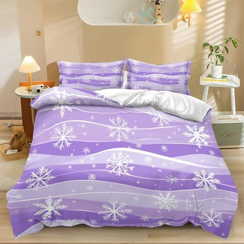Copripiumino Strisce di onde di fiocchi di neve Copripiumino stampato Set microfibra con chiusura a cerniera 200 x 200 cm，- con 2 federe Lilla Copripiumino decorativo autunnale Halloween
