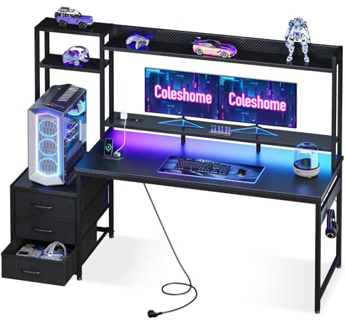 Coleshome Gamingbord med Hylla och Lådor, Gamingbord med LED-belysning & Eluttag, PC-bord med Förvaringshyllor (Svart kolfiber, 161x48cm)