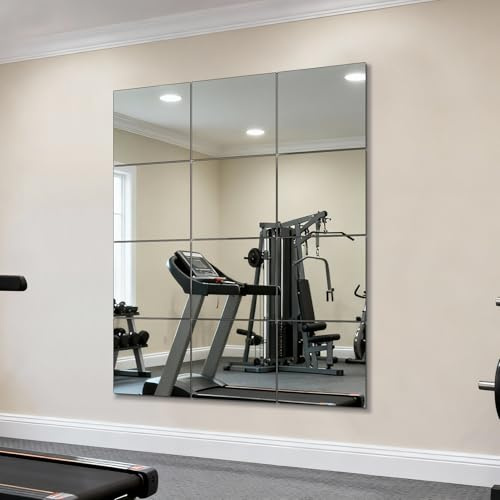 yuzeyurun Full Length Wall Mirror Tiles, HD Glass Gym Mirror, Set of 12Pcs 12″ Square Wall Mounted Mirrors for Home Gym, Dance Yoga Studio, Bedroom, Door