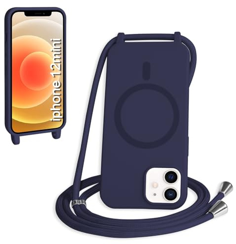 FMPCUON Magnetisch Handykette für iPhone 12 Mini Hülle,Necklace Hülle mit Bands Handyhülle für zum Umhängen Kordel,kompatibel mit Magsafe Silikon Case mit Handykordel,Blau