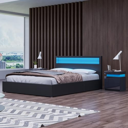 Komtopod Polsterbett Doppelbett 140x200 cm mit LED Beleuchtung, Hydraulisch Stauraumbett Metallbett mit Lattenrost, Bettgestell mit Stauraum (ohne Matratze) (Schwarz, 140x200 cm)