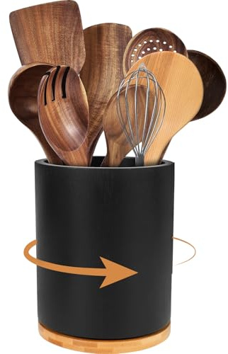 Porte-ustensiles de cuisine rotatif à 360° en bois - Support d'ustensiles de cuisine étanche - Étagère de rangement polyvalente pour le plan de travail - Peut contenir 10 à 15 ustensiles de cuisine