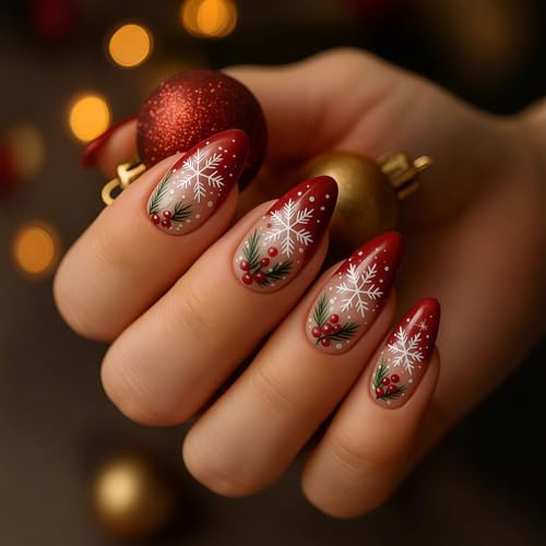 24 Stück Weihnachts Nägel - Rot French Press on Nails Almond - Schneeflocke Nägel Weihnachten - Elegant Winter Künstliche Fingernägel - Full Cover Kunstnägel Zum Aufkleben Für Frauen(French Snowflake)