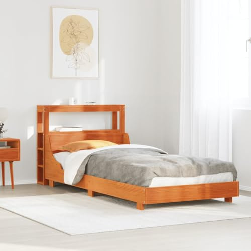 QJBSAVVA Massivholzbett 90x200 Kiefer Wachsbraun mit Kopfteil & Regal Modernes Bettgestell für Jugendzimmer Gästezimmer Schlafzimmer