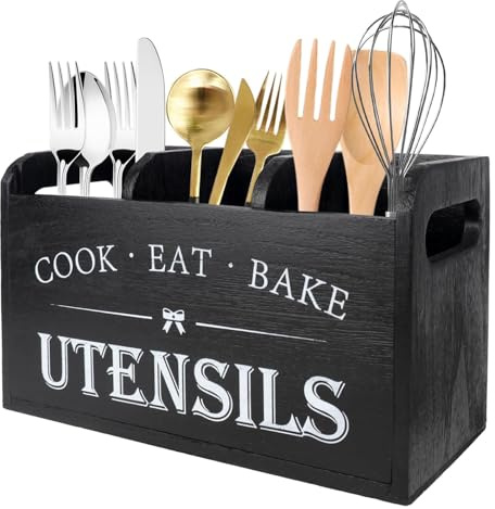 Soporte Utensilios Cocina con 3 Compartimentos & Parte Inferior Drenaje, Bote Organizador de Cocina Madera, Almacenamiento Cubiertos Granja para Decoración Encimera, Herramientas, Cucharas, Espátulas