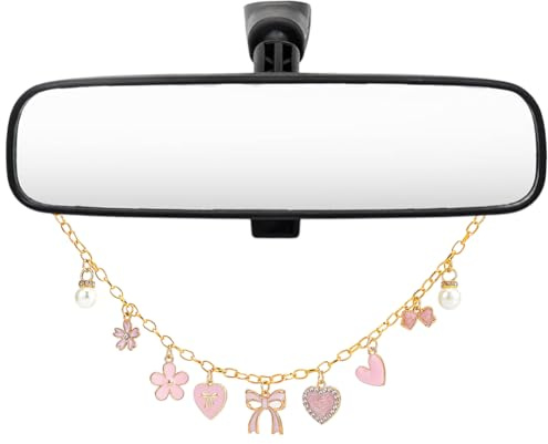 BEAMARKER Hängende Ornamente im Rückspiegel Rosa Autoschmuck mit Bogenherz-nperle Aluminium Cute Weibliche Ästhetik Hängende Accessoires im Rückspiegel Autodekoration Geschenk für Frauen