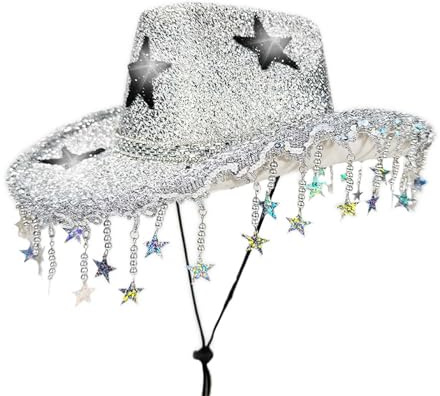 Glitzer Cowboyhut mit Pailletten Sternen & Fransen - Funkelnder Westernhut Disco Partyhut für Damen - Karneval Fasching JGA Kostüm Accessoire
