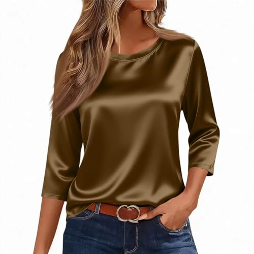 Tee Shirt Manche 3/4 Femme Satin Top À Col Rond | Haut Femme Chic Et Elegant À Manche 3/4 Couleur Unie Décontractée