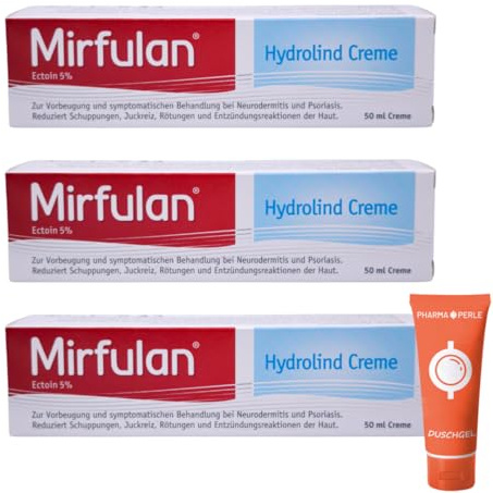 Mirfulan Hydrolind Creme 50 ml - Pflegecreme für Trockene, Schuppige & Empfindliche Haut mit 5% Ectoin & Urea - Feuchtigkeitsspendend, Schnell Einziehend, ohne Parfüm - mit Pharma Perle Duschgel (3x)