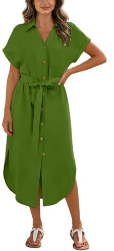 Generisch Sommerkleid Damen Midi Elegant,Leinen Baumwolle V-Ausschnitt Sommerkleider Damen Kurzarm Classics Shirtkleider Mit Bindegürtel Knopfleiste Seitenschlitz Leinenkleider Freizeitkleid