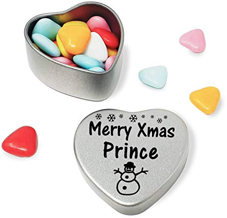 Merry Christmas Prince Mini Heart Gift Tin with Chocolates Fits Beautifully in the palm of your hand. Great for Boyfriend Makes the perfect Christmas Stocking Filler or Card