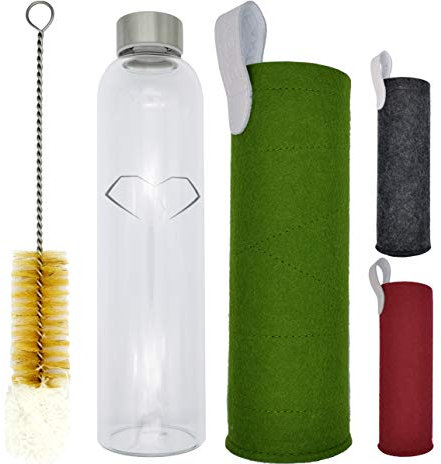 EventHeart, Glasflasche 750ml aus Borosilikat-Glas mit Edelstahldeckel und Schutzhülle, Trinkflasche 0,75l mit Filzhülle grün und Reinigungsbürste