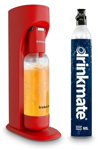 Drinkmate OmniFizz Sparkling Water Maker & Soda Streaming Machine | Carbonates Any Drink | STARTER KIT | Includes One 60L CO2 Cartridge + One BPA-Free Bottle (Royal Red)