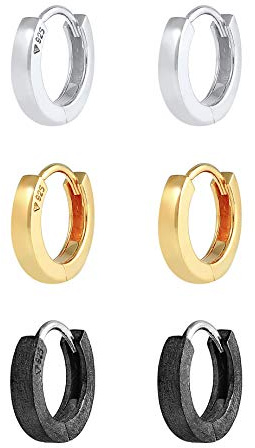 Kuzzoi Herren-Ohrringe Creolen Set rund, 3 Paar Ohrhänger poliert-gebürstet, Tri-Color Ohrringe für Männer, Basic Creolen aus 925 Sterling Silber, Hoop Ohrring-set Farbe: vergoldet, silber, oxidiert