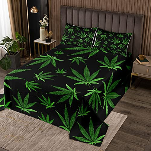 Juego de sábanas de marihuana con hojas de cannabis verde, colcha acolchada para niños y niñas, marihuana, malezas, cáñamo, 3 piezas, tamaño doble