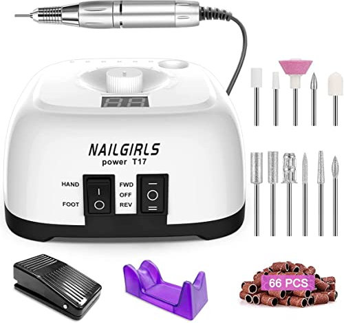 NAILGIRLS Fresa per Unghie Professionale 35000RPM, Fresa Unghie, Lima Per Unghie Elettrica, Lima Unghie Elettrica con LED Intelligente e Modalità Pedale, Portatile per Rimozione Gel/Smalto (Bianco)