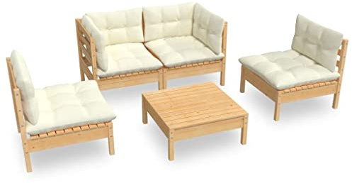 vidaXL Kiefernholz Massiv Gartenmöbel 5-TLG. mit Creme Kissen Ecksofa Mittelsofa Tisch Fußhocker Sitzgruppe Sofa Lounge Garten Garnitur Gartenset Gartensofa