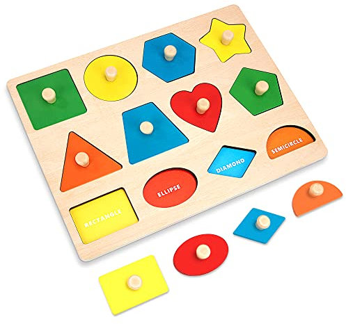 Steckpuzzle aus Holz mit Knauf, Geometrische Formen Erstes Greifpuzzle Holz Spielzeug ab 1 2 3 Jahre Kinder, Montessori Sortierspiel Lernspielzeug Geschenk für Kindergarten und Vorschule