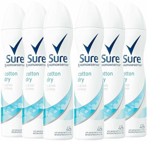 Sure Cotton Dry Anti-Perspirant Aerosol Women's Deodorant Spray with a clean fragrance inspired by fresh cotton sheets for 48 hour protection against sweat and odour 6x 200 ml