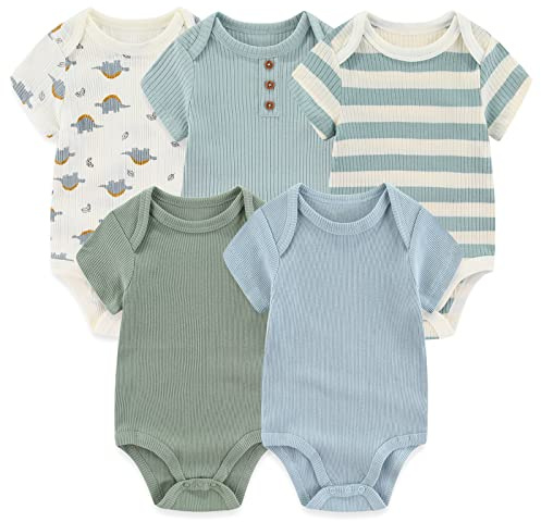 MAMIMAKA Newborn Baby Short Sleeve Bodysuit Baby Grow Cotton Vest 5-pack, 0-12 Months