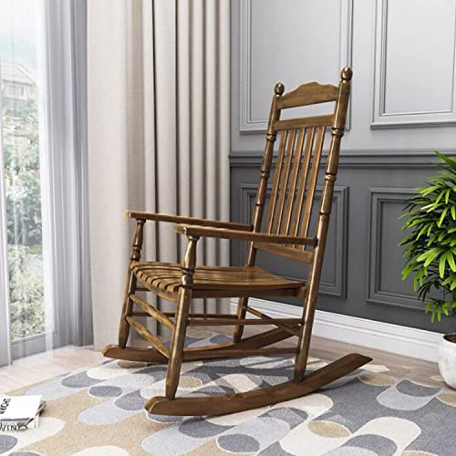 ALIKKA Garten-Schaukelstuhl, Holz-Stillstuhl mit hoher Rückenlehne, traditionelle Relax-Schaukel-Liegestühle für Wohnzimmer, Schlafzimmer, Patio und Terrasse,Brown