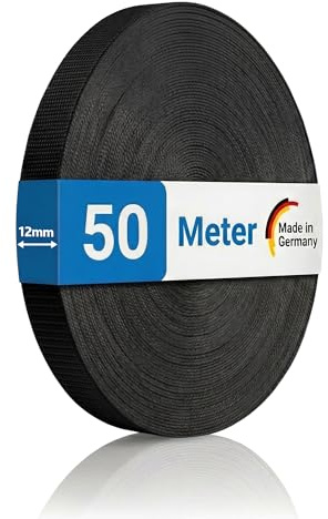 INOVATEC Rollladengurt Mini 12mm | 50m Rolle für Fenster & Türen – Schwarz | Reißfest & UV-beständig mit Perlon-Kantenschutz | Für Mini Gurtwickler | Griffige Querrippen | Für Reparatur & Neubau