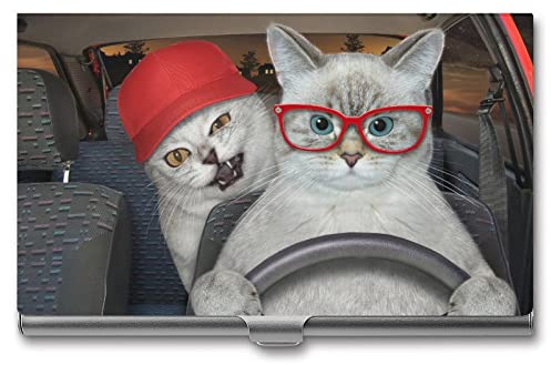 Niapessel Visitenkartenhalter, lustige Katze fährt ein Auto, schlanke tragbare Metall-Visitenkartenetui für Damen und Herren, 9,4 x 5,6 x 0,8 cm, Lustige Katze fährt ein Auto