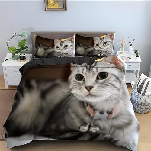 Bettwäsche 200x220 Grau Microfaser Bettwäsche-Sets 3 Teilig, Weich Atmungsaktiv Bettbezüge Set Katze und 2 Kissenbezug 80x80 cm mit Reißverschluss