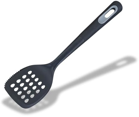 Fackelmann PRO Slotted Turner, Plastic, Fish Slice, Non-Stick Kitchen Tool | Cooking Spatula, Anti-Scratch, Burger Flipper, Heat-Resistant, Cooking Draining & Frying BBQ Utensil, 34cm, Black & Grey