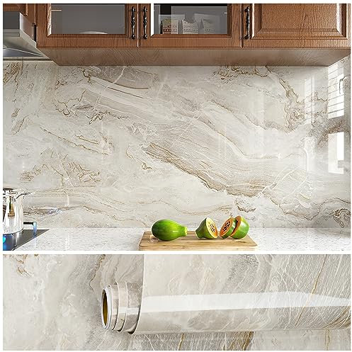 VEELIKE Papel Pintado Mármol Beige 40cm×900cm Vinilo Encimera Cocina Papel Adhesivo Marmol Papel Autoadhesivo Pared Marmol Papel Adhesivo para Encimera Baño Lavable Papel Tapiz Comedor Habitacion
