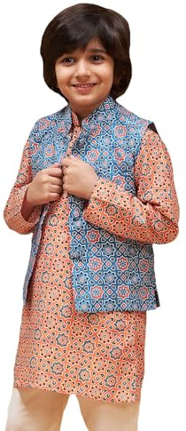 VASTRAMAY Chaqueta Nehru con estampado geométrico tradicional para niños para Janmashtami, ropa festiva, Azul, 4-5 Y