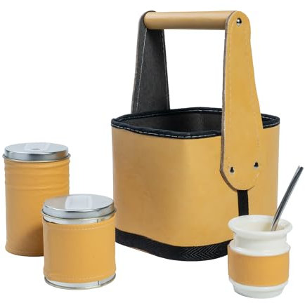 SHOPPLACE Set Mate Yerbera Azucarera Mas con bolso Canasta Para Transportar Ecocuero Artesanal Argentino Yerba (amarillo)