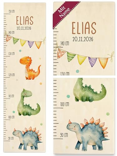 Messlatte Kind Holz - Dinosaurier - Dinos mit Name und Datum Kindermesslatte Dino Motiv I - 90-150 cm - Holz - dino-kindermesslatte holzlatte bunt für kinder grössenmass grössenmesser größe