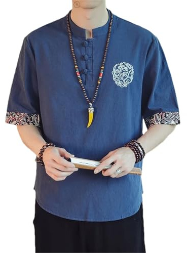 Giapponese Samurai Stile Tradizionale Kimono Camicia Casual Giacche Uomo Streetwear Cinese Camicia Allentata Abbigliamento Top, Marina Militare, XL