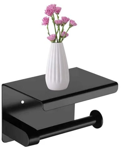 Black Toilet Paper Holder with Shelf Wall Mount Toilet Roll Holder with Storage Bathroom Accessories Tp Holder with Phone Shelf Stainless Steel Material